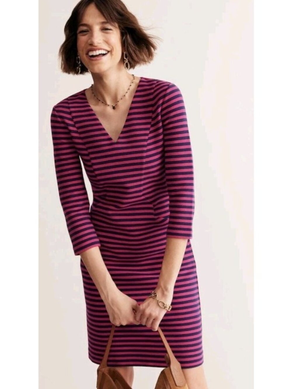 Boden Bronte Ottoman Dress Women 16-18R Pink Navy Stripe Shift V-Neck Pockets